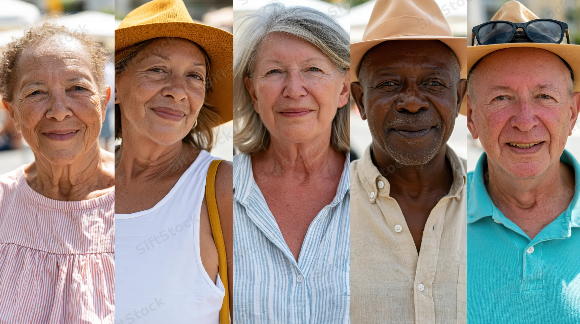 Five elderly adults smiling in outdoor portraits side by side