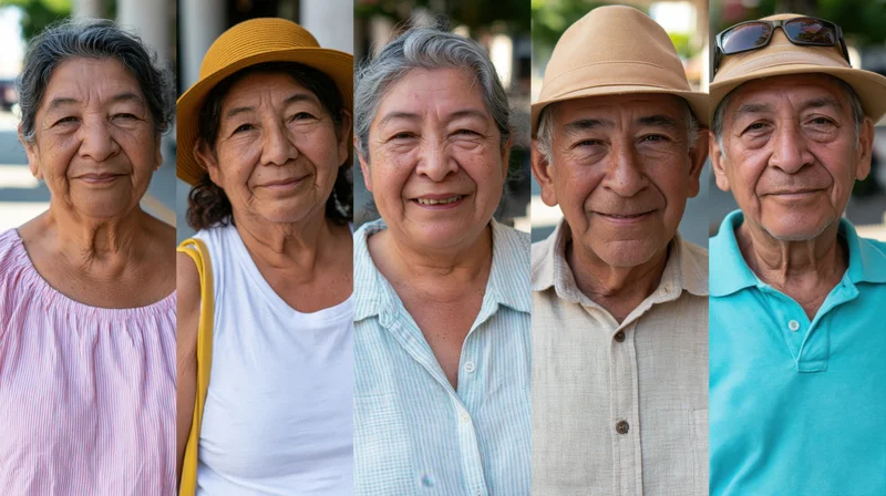 Five elderly adults smiling in a collage of outdoor portraits side by side