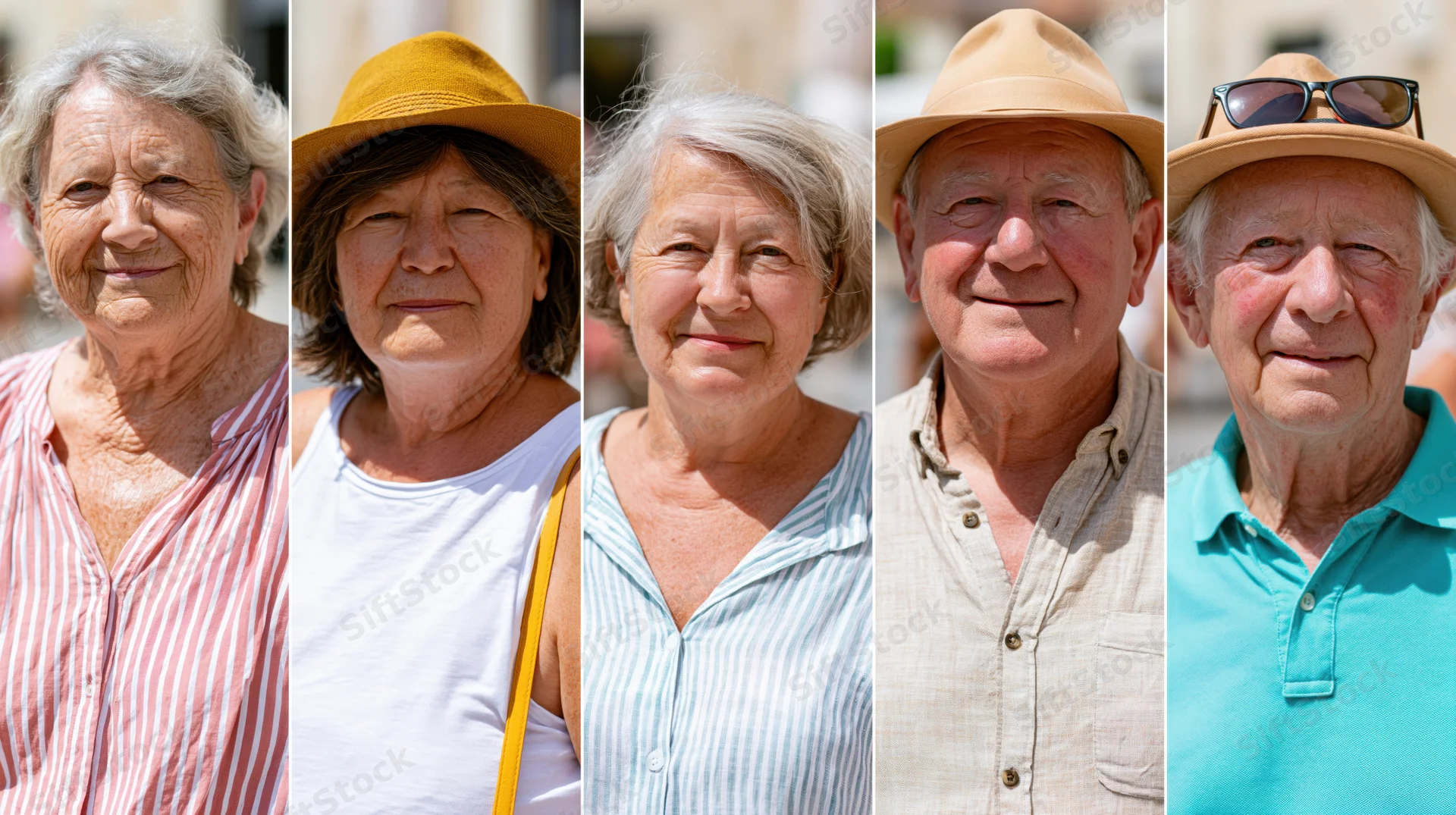 Five elderly adults standing side by side in a collage, smiling outdoors in summer sunlight