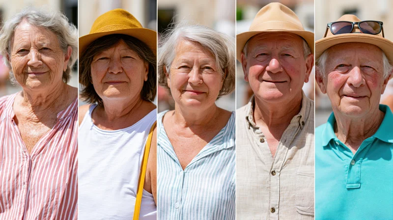 Five elderly adults standing side by side in a collage, smiling outdoors in summer sunlight