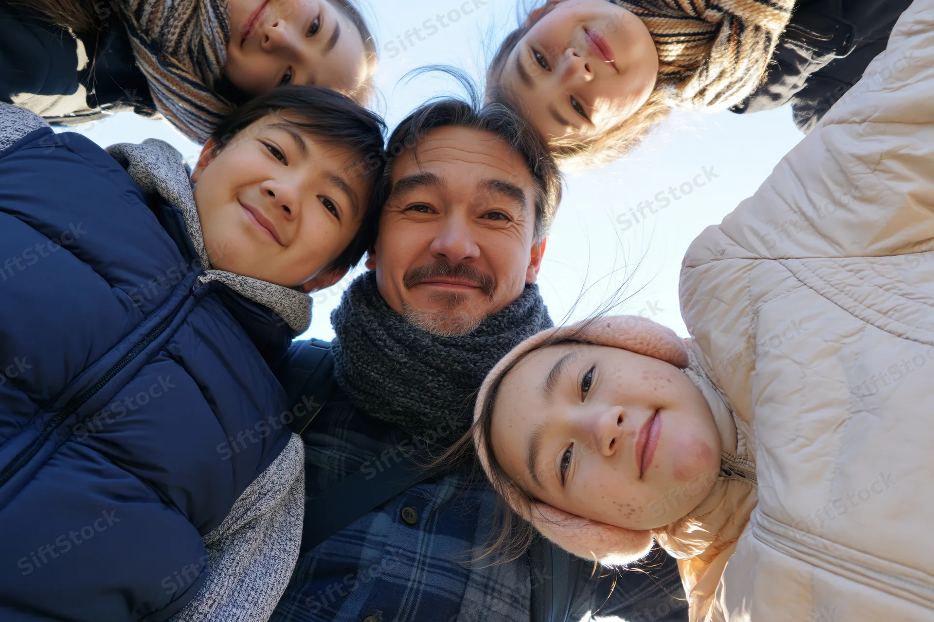 Father and four children huddled in a circle outdoors in winter clothing, smiling at the camera from below