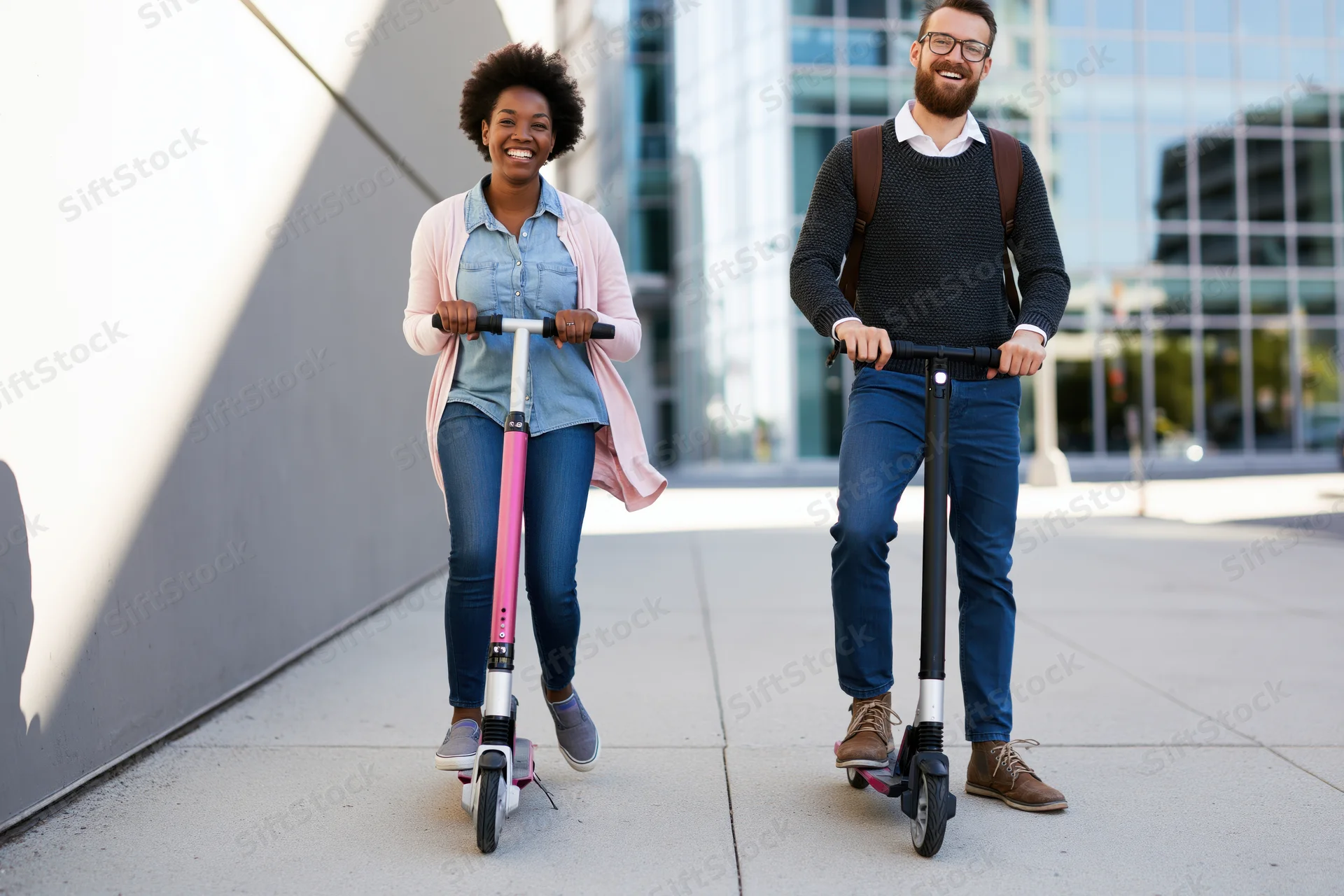 Two friends riding electric scooters on a city sidewalk