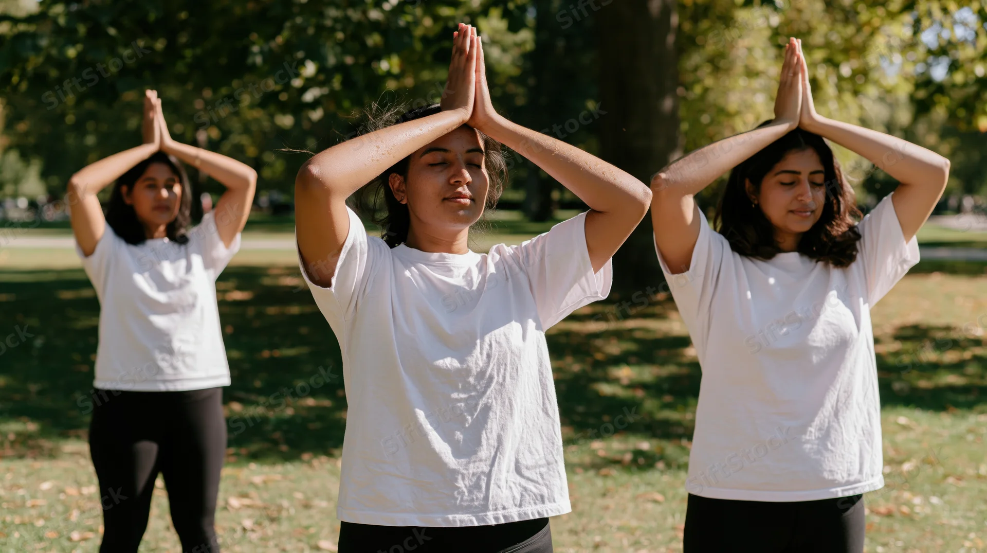 Three women practicing yoga in a sunlit park with hands pressed above heads
