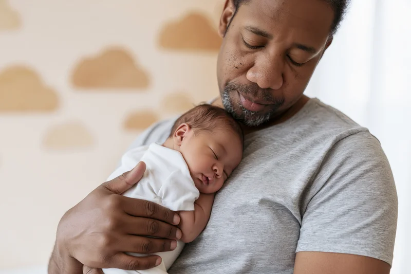 Black father holding sleeping newborn baby against his chest in a nursery