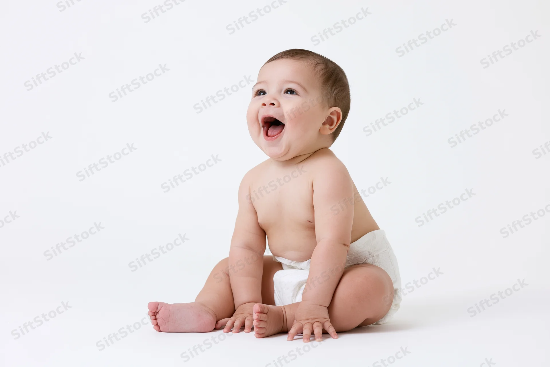Baby sitting on white backdrop laughing with mouth open