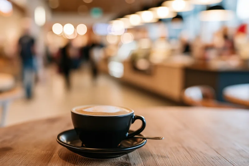 Black ceramic cup of cappuccino with milk foam on wooden table in cafe interior