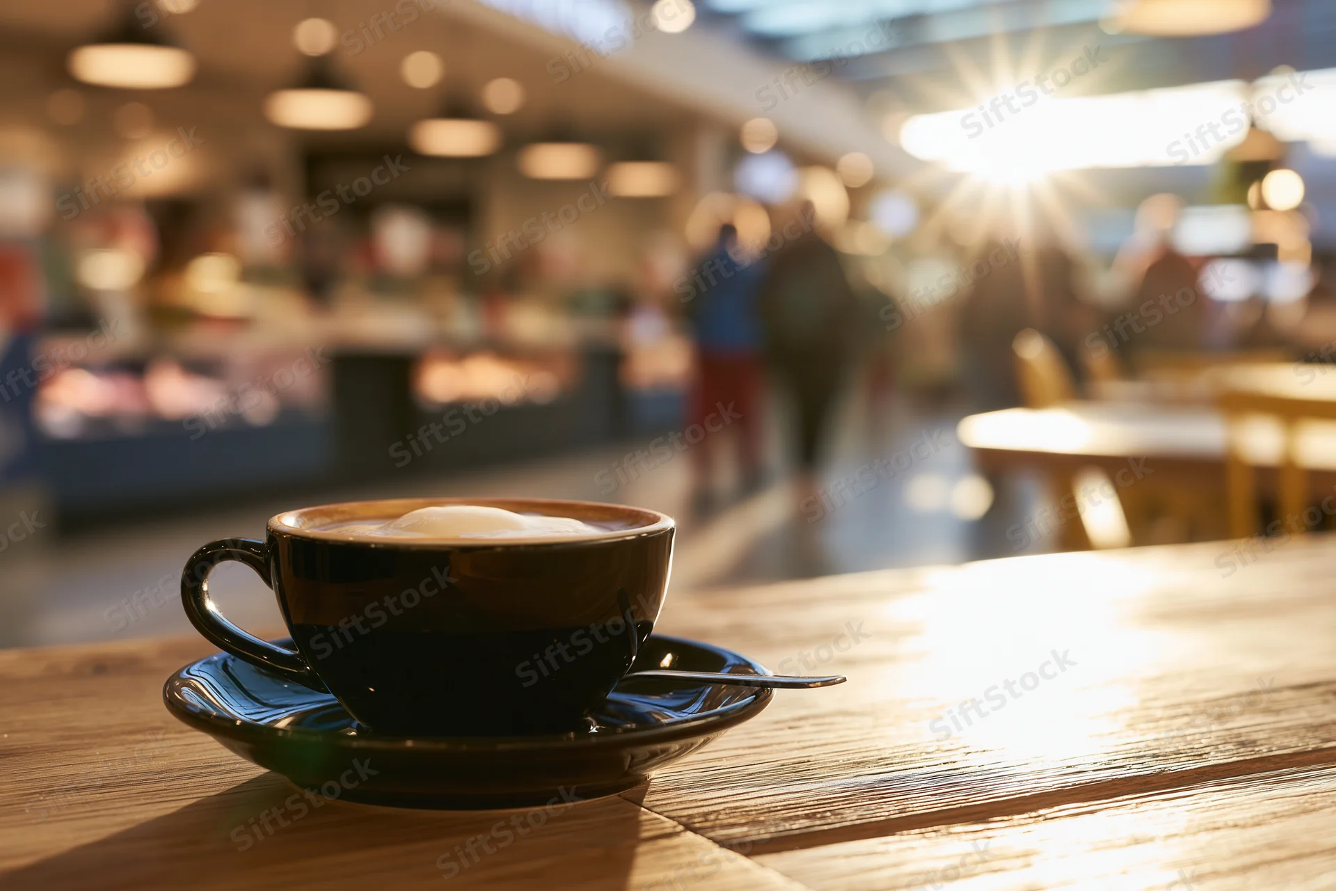 Black ceramic cappuccino cup with milk foam on wooden table in cafe interior