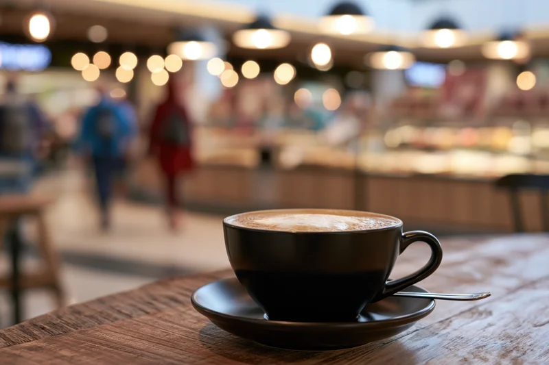 Black ceramic cup of cappuccino with milk foam on wooden table in cafe interior