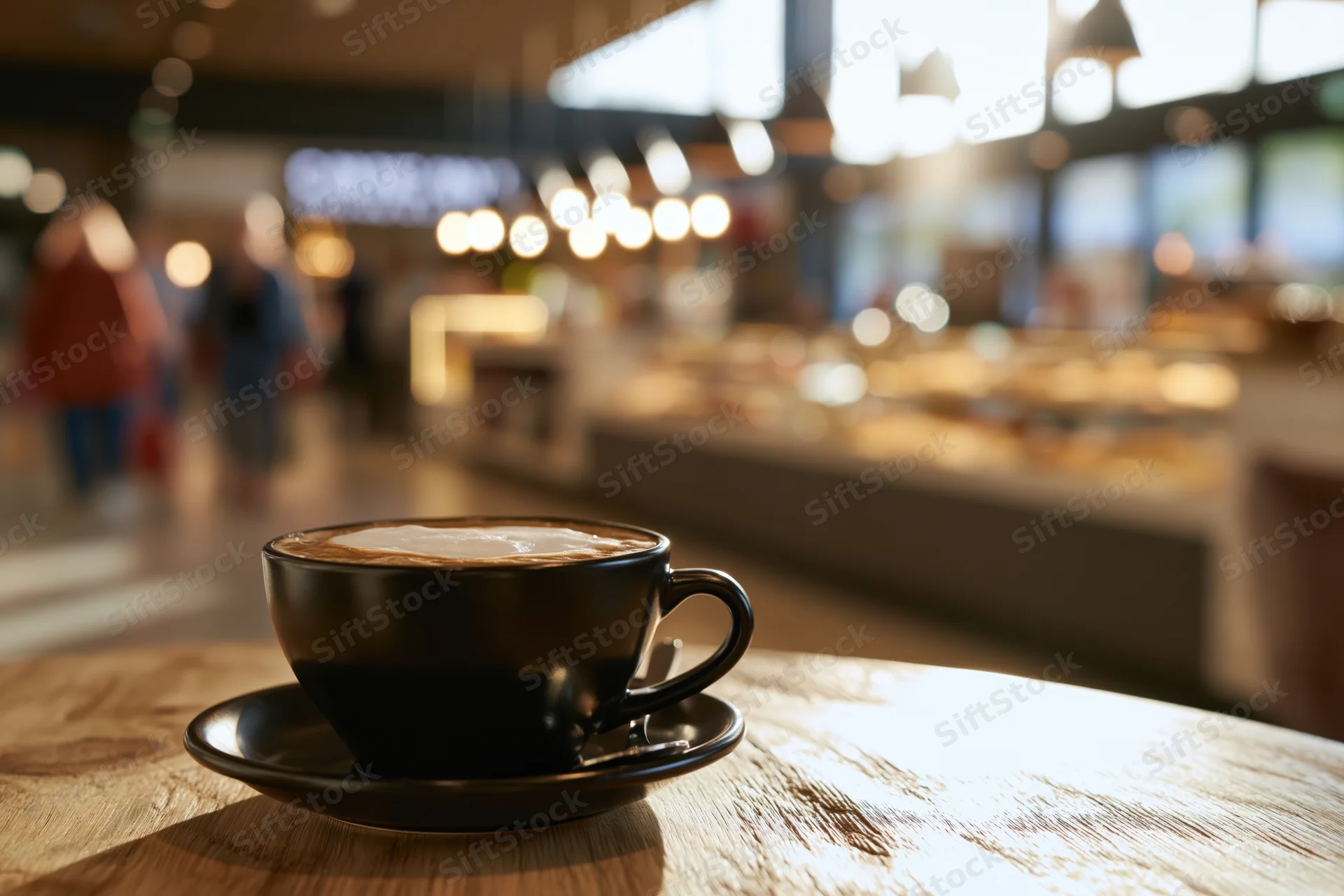 Black ceramic cup of cappuccino with milk foam on wooden table in cafe interior