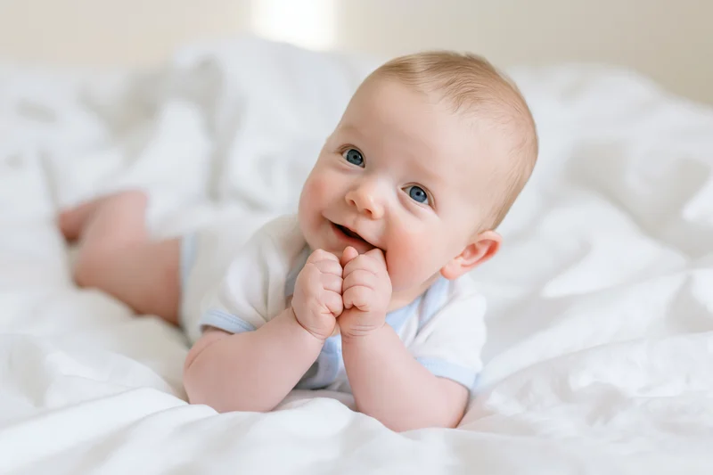 Baby lying on stomach on white bed smiling with hands near mouth