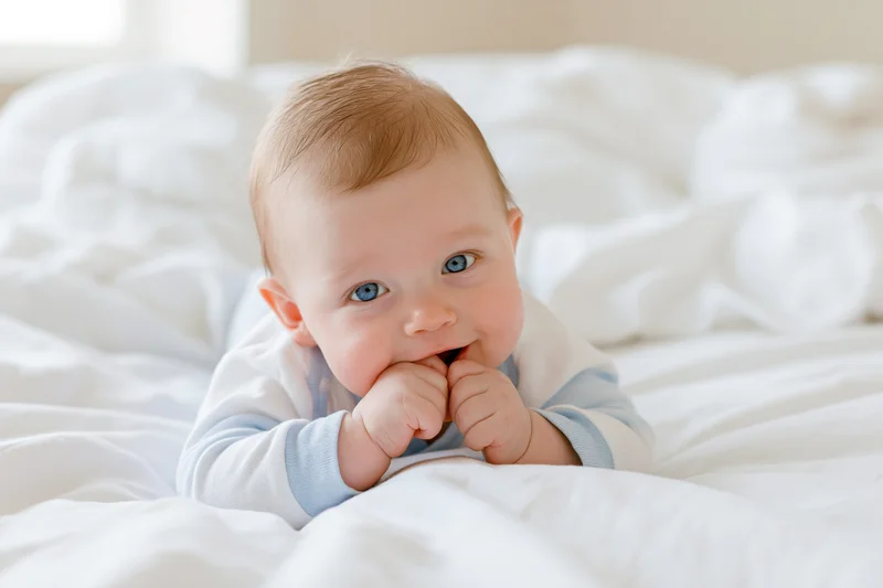 Baby lying on stomach on white bed with fingers near mouth