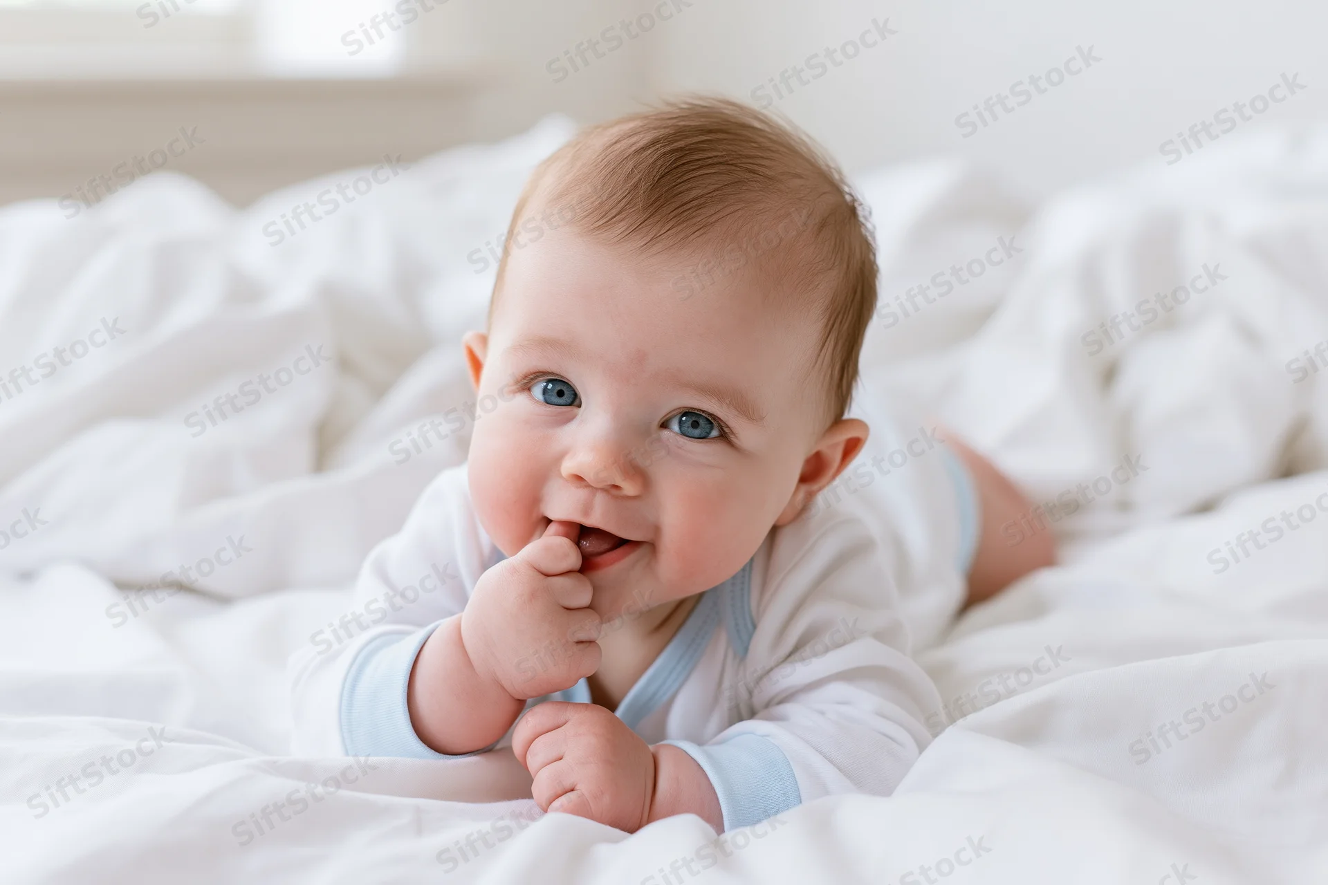 Baby lying on stomach on white bed with fingers near mouth smiling