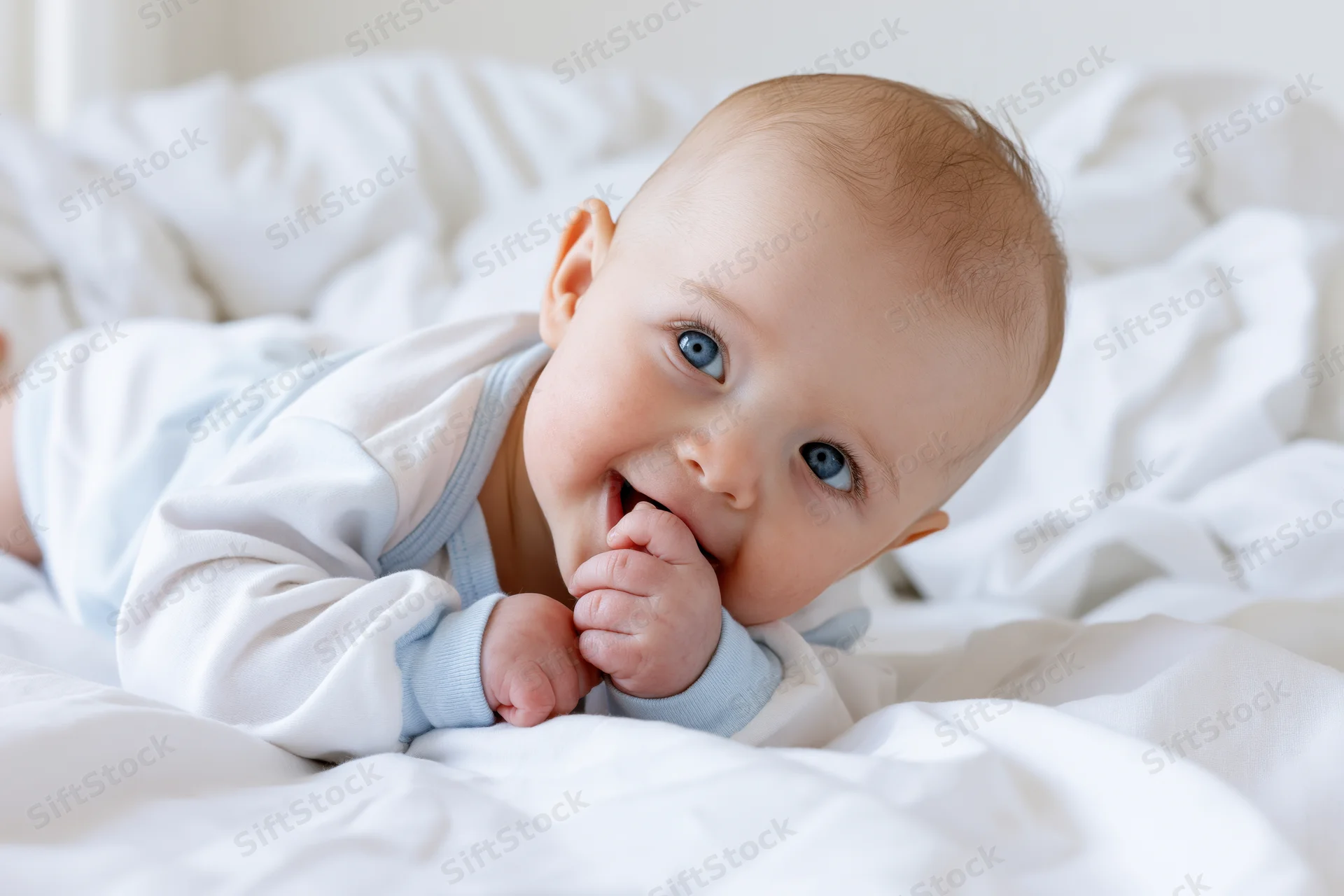 Baby lying on stomach on white bed with fingers in mouth smiling