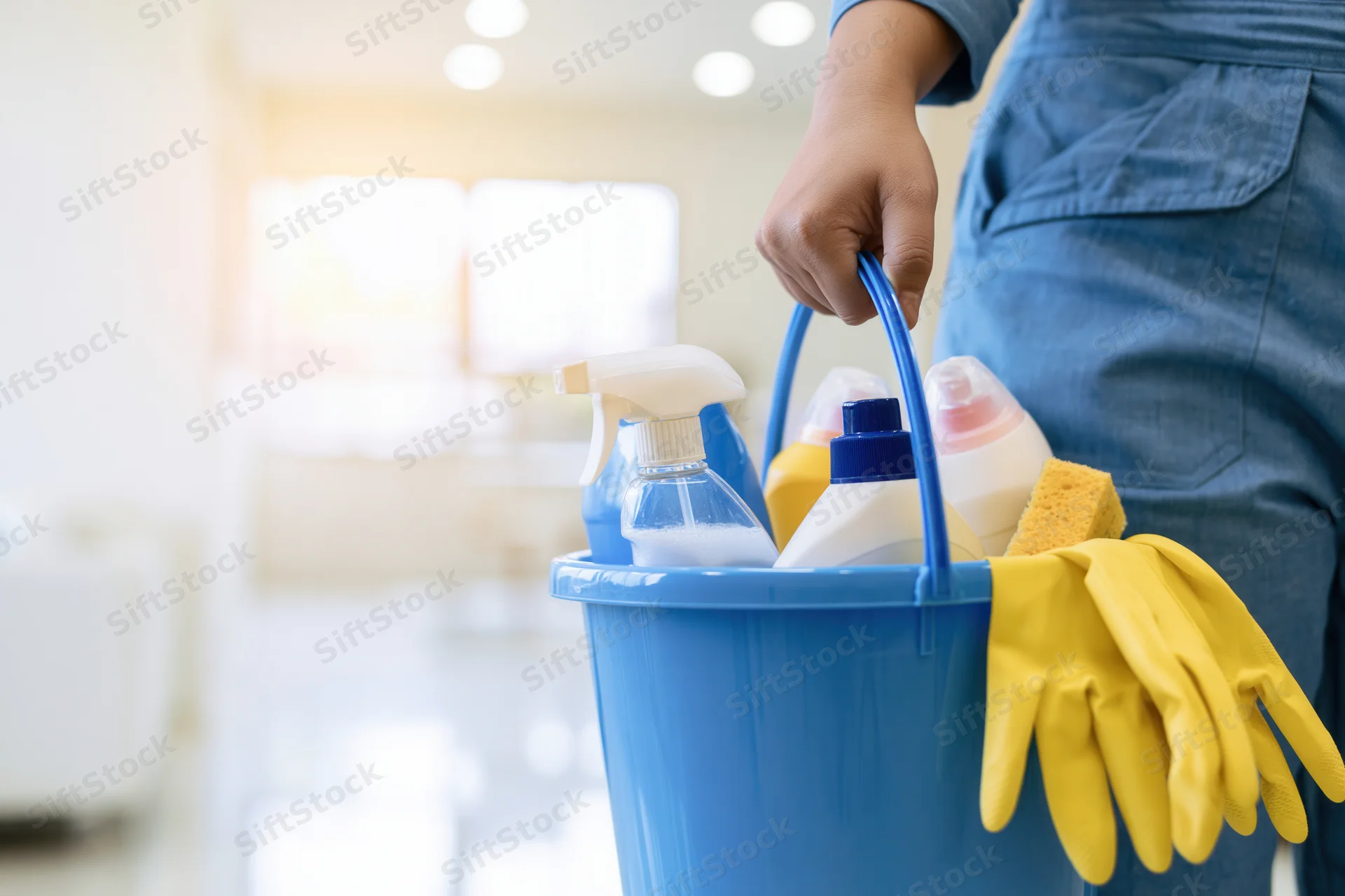 Woman holding blue bucket filled with cleaning supplies in a bright indoor space
