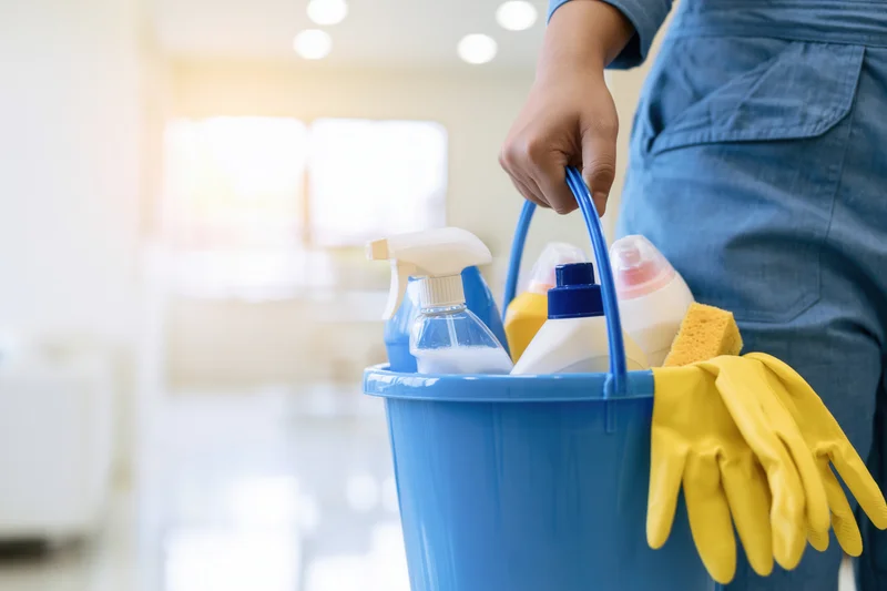 Woman holding blue bucket filled with cleaning supplies in a bright indoor space