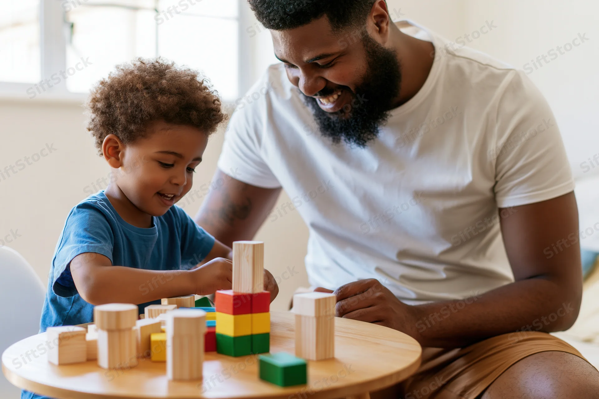 Father and son playing with wooden blocks at a round table indoors