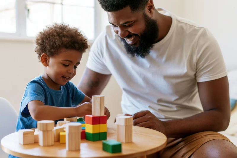 Father and son playing with wooden blocks at a round table indoors