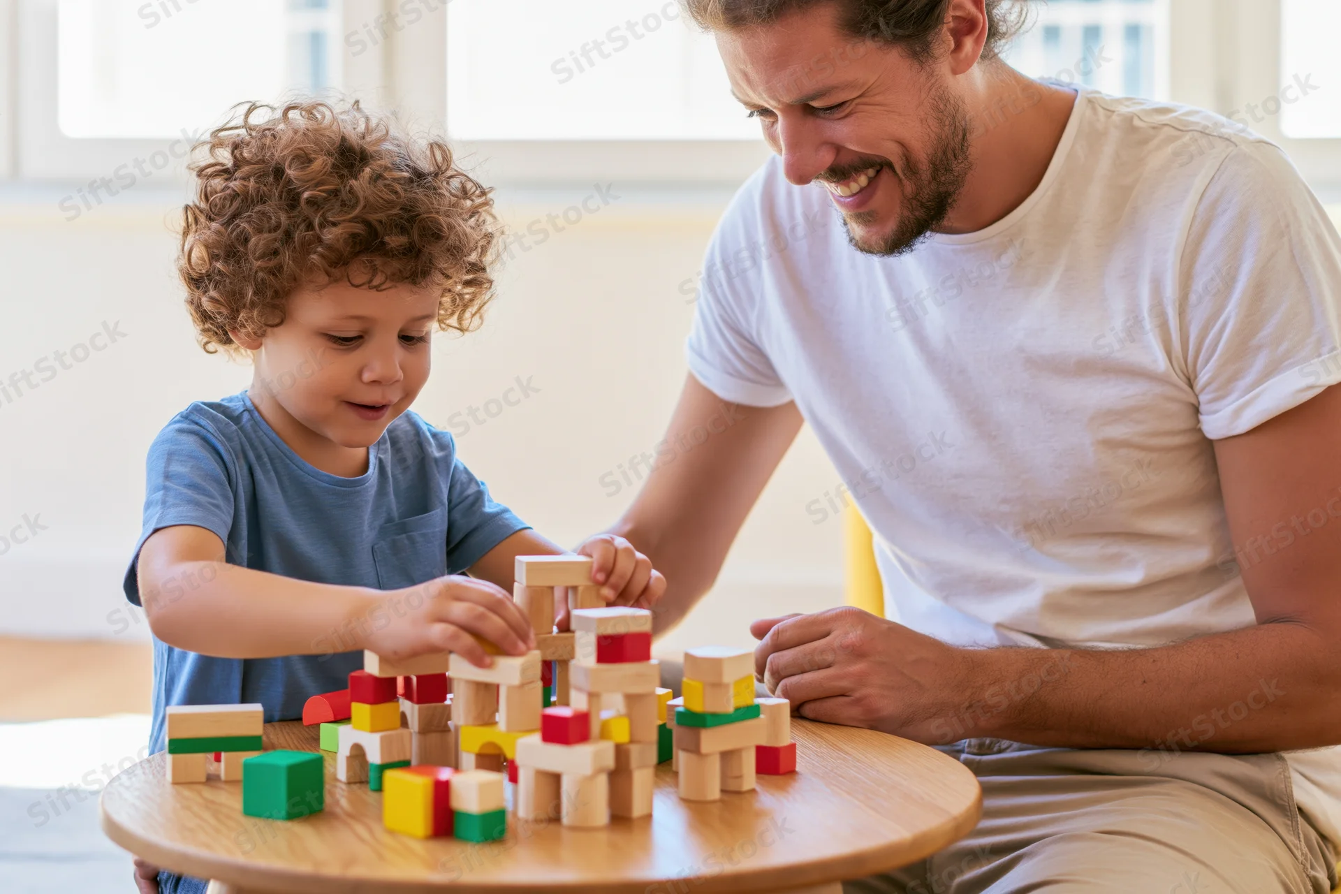 Father and young son playing with wooden blocks at a round table indoors