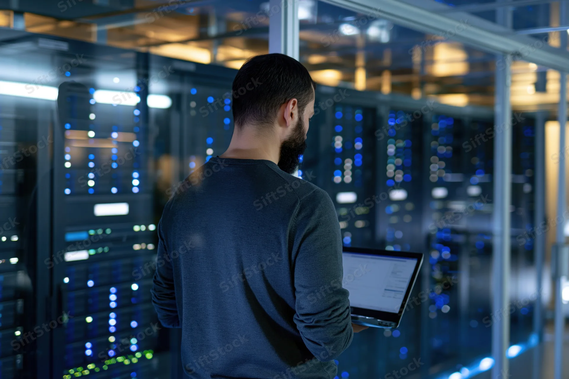 Male it technician holding laptop while monitoring servers in datacenter