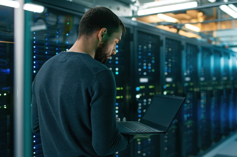 Male it technician holding laptop while monitoring servers in datacenter