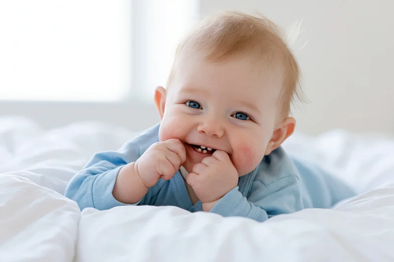 Smiling baby lying on white bed with hands near mouth