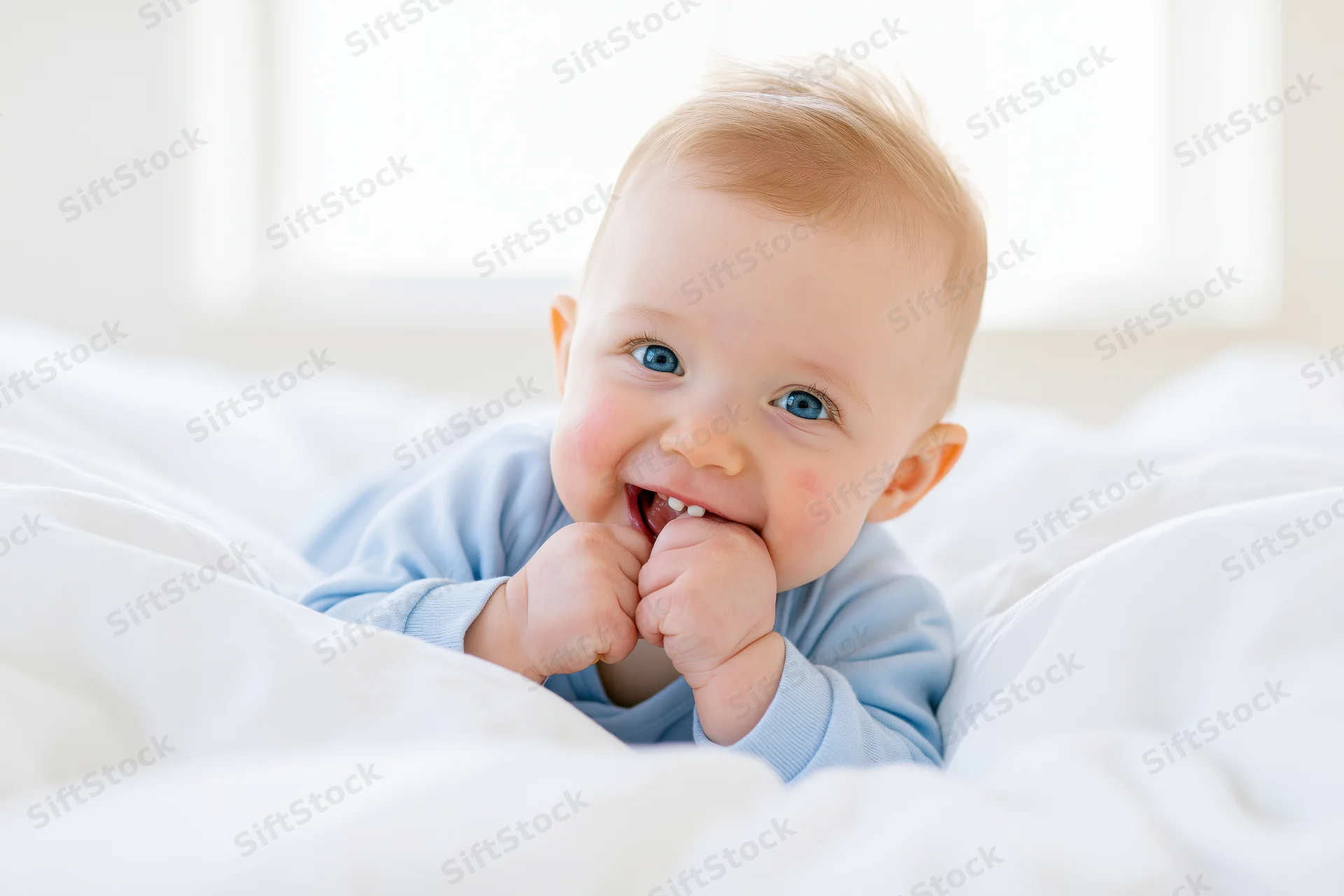 Smiling baby lying on white bed with hands in mouth, wearing blue onesie