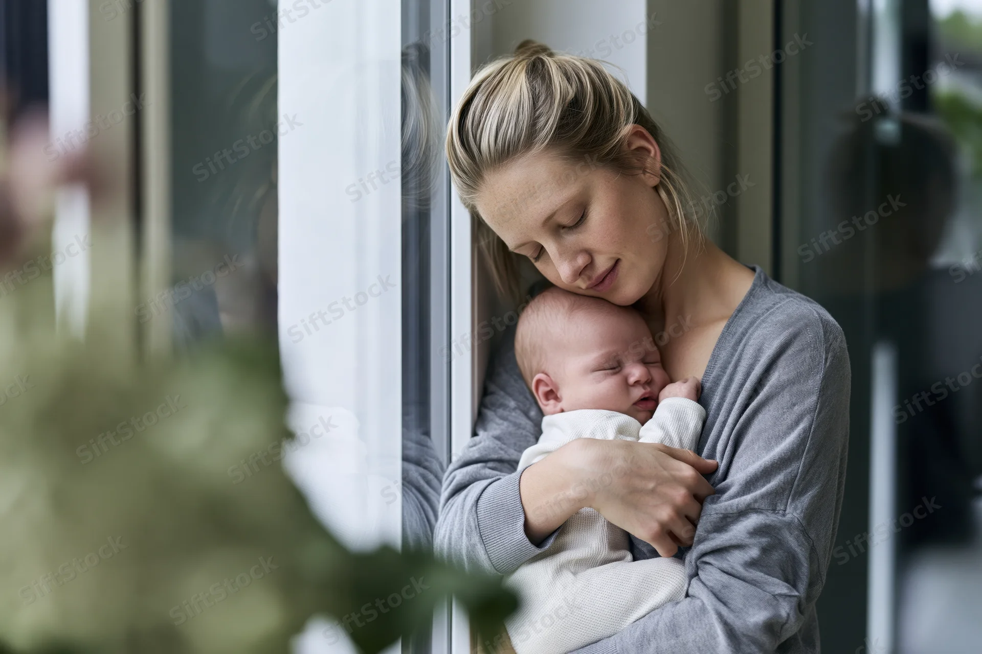 Young blonde mother cradling her sleeping newborn baby by a window at home