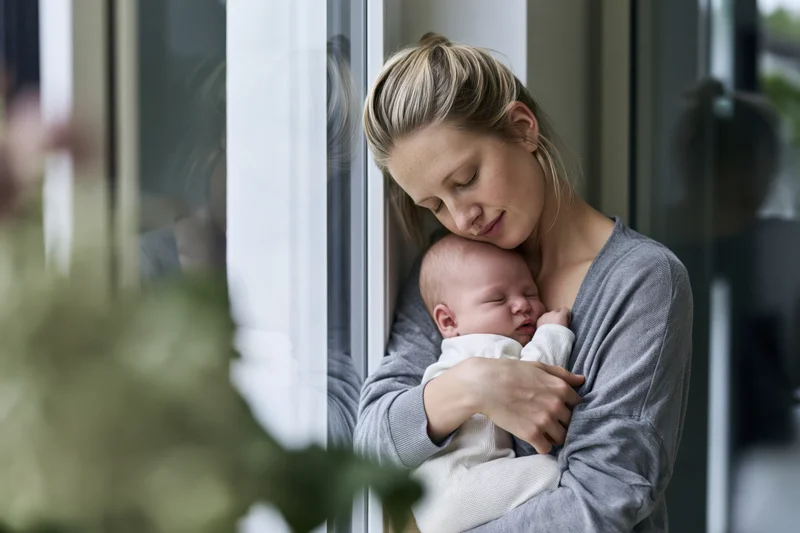 Young blonde mother cradling her sleeping newborn baby by a window at home