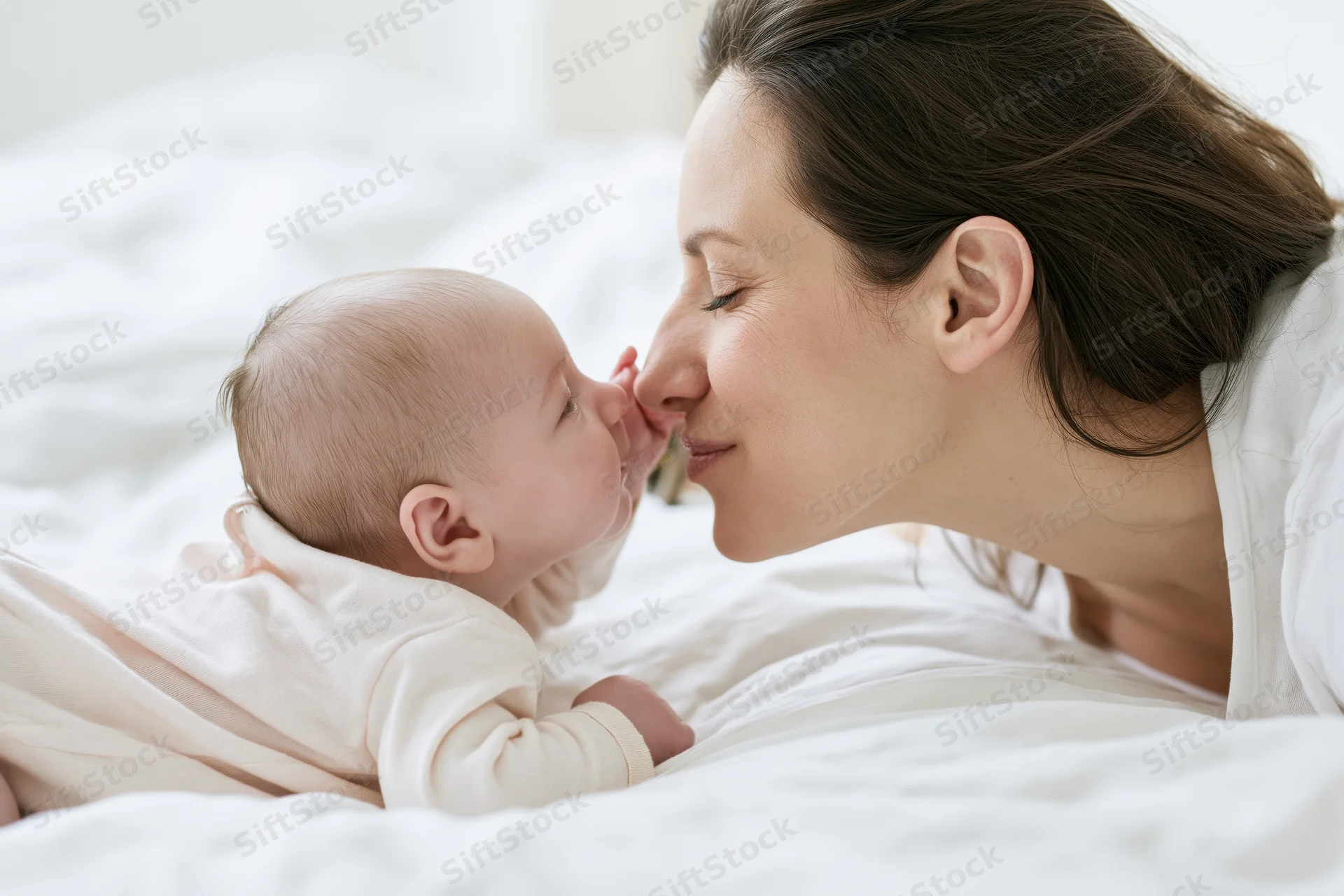Mother touching noses with infant baby lying on white bedding