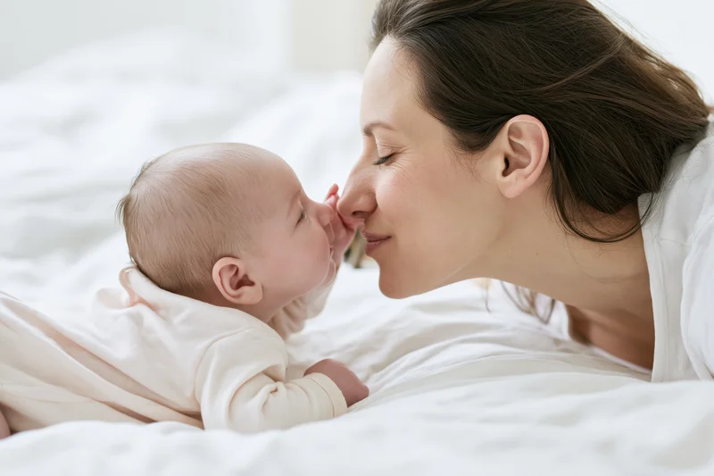 Mother touching noses with infant baby lying on white bedding