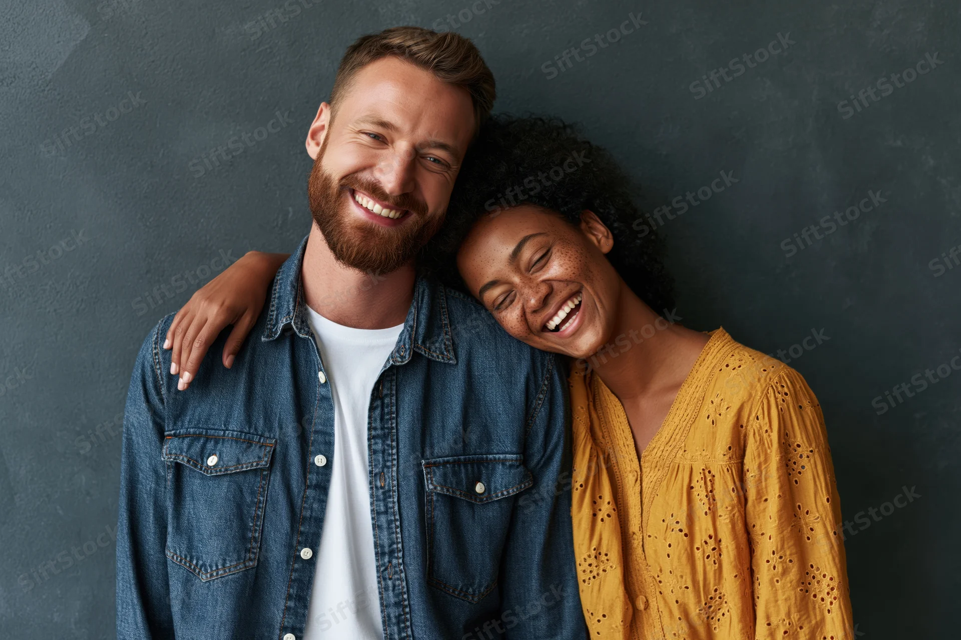 Young multiethnic couple smiling and laughing while leaning together against a dark grey textured wall
