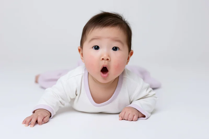 Asian baby lying on tummy with mouth open in surprised expression, studio portrait