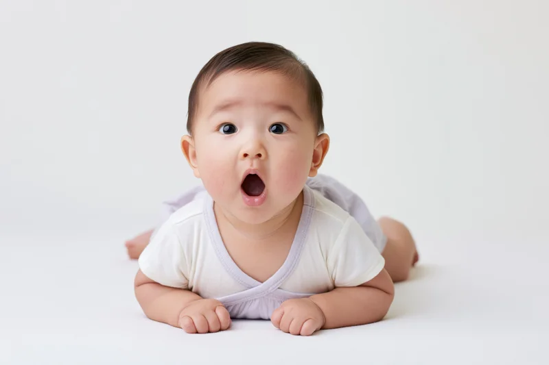 Asian baby lying on tummy with mouth open in surprised expression against white background