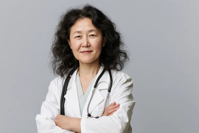Asian woman doctor in white coat with stethoscope arms crossed smiling in studio