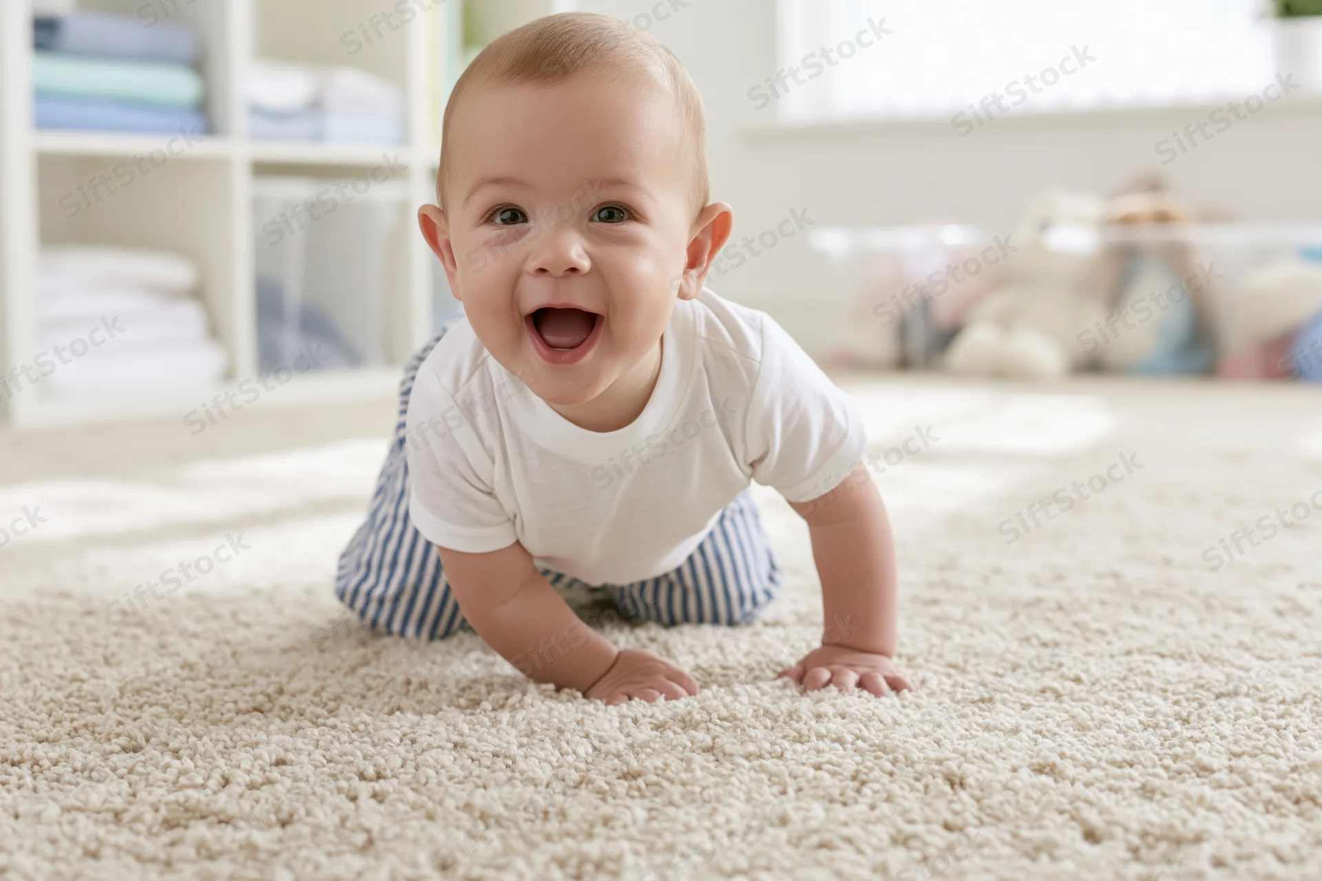 Baby crawling on soft beige carpet in home nursery with joyful expression