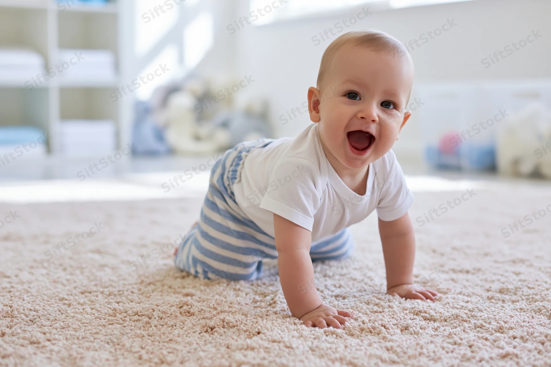 Baby boy crawling on soft beige carpet with open mouth smiling