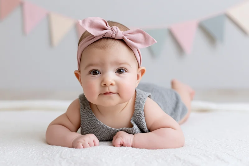 Baby girl lying on stomach on white blanket with pink bow headband and pastel bunting in background