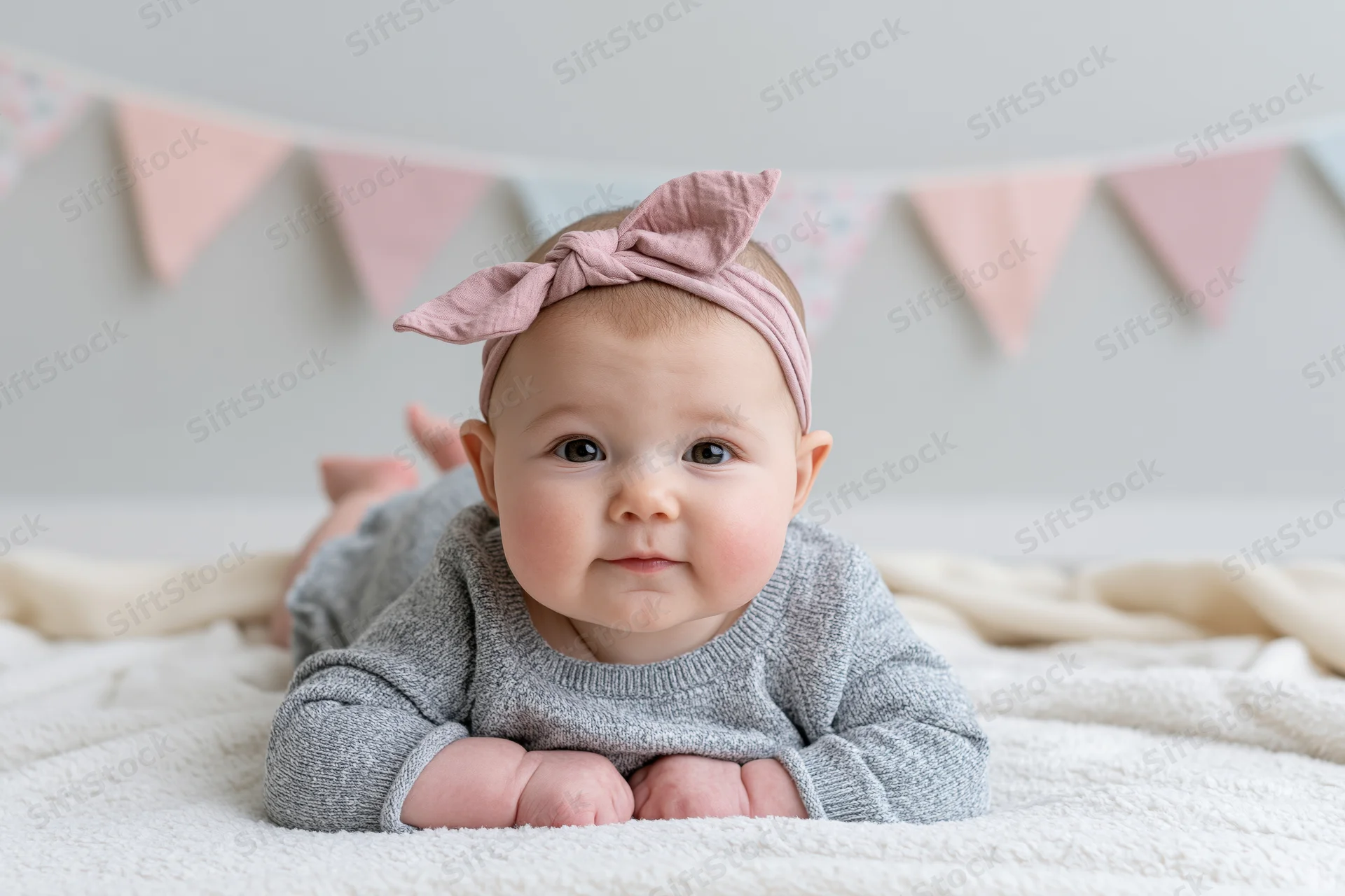 Baby girl lying on stomach on soft white blanket with pink bow headband and pastel banner in background