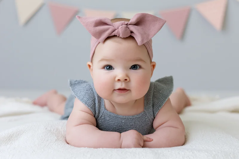 Baby girl lying on stomach on white blanket with pink bow headband and pastel banner in background