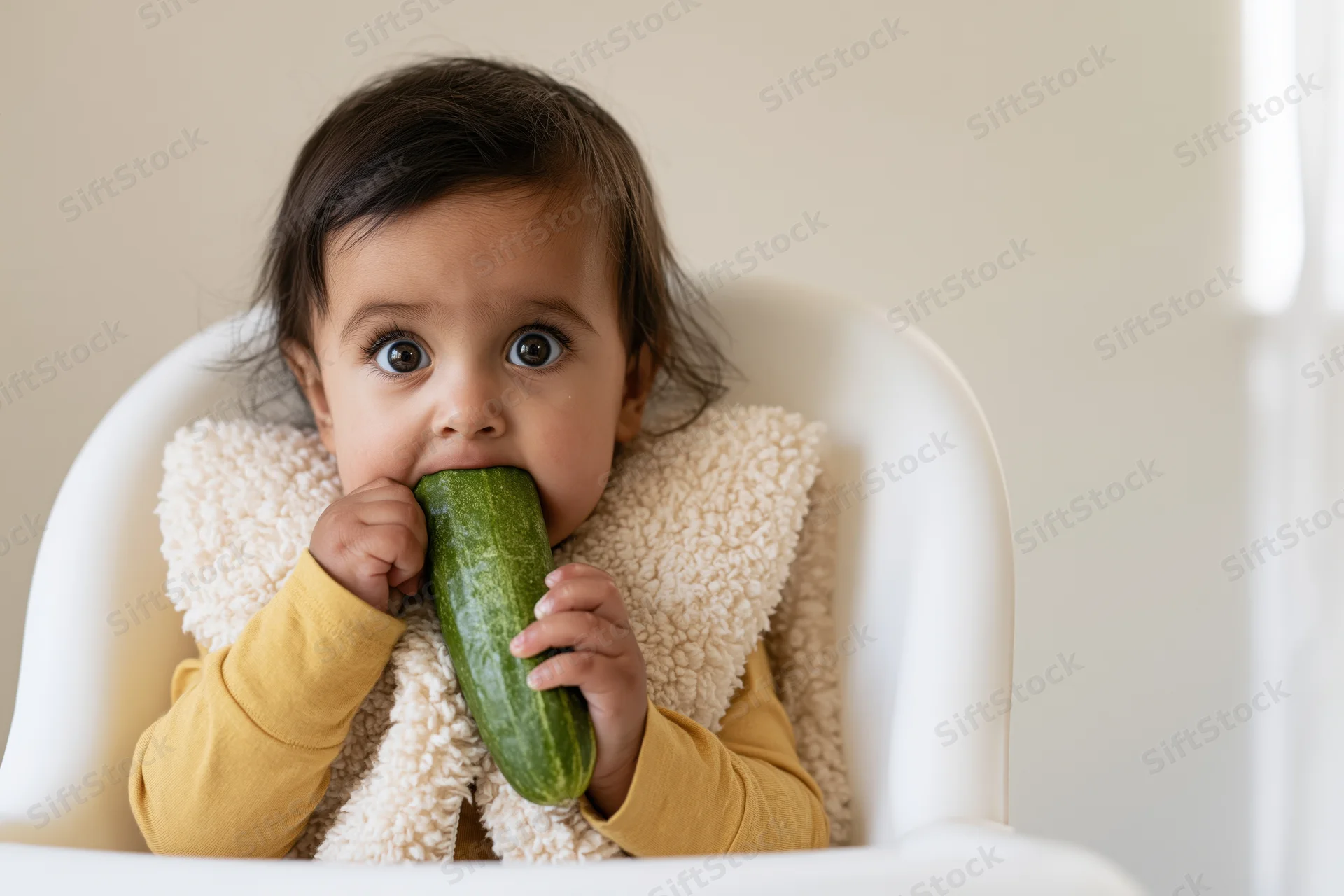 Baby girl eating a cucumber while sitting in a white highchair indoors