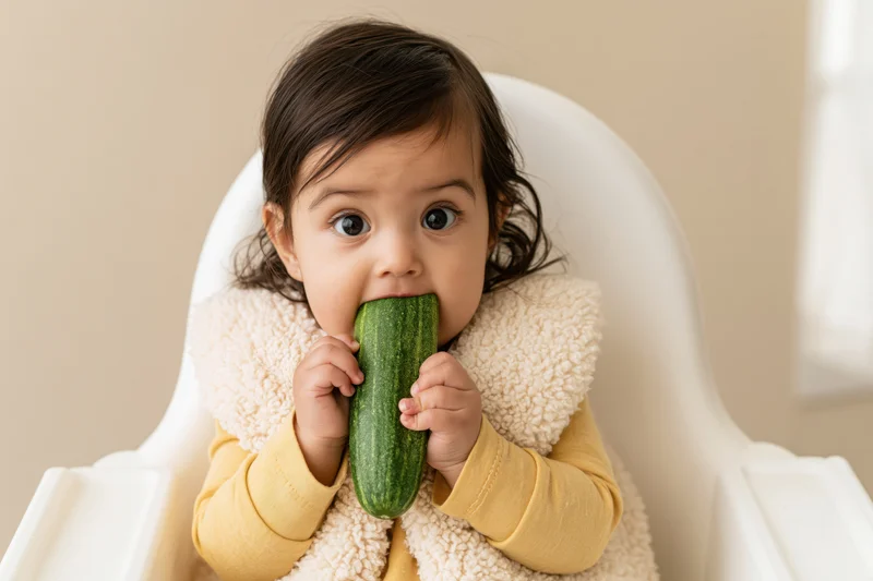 Baby girl eating a cucumber while sitting in a white highchair indoors