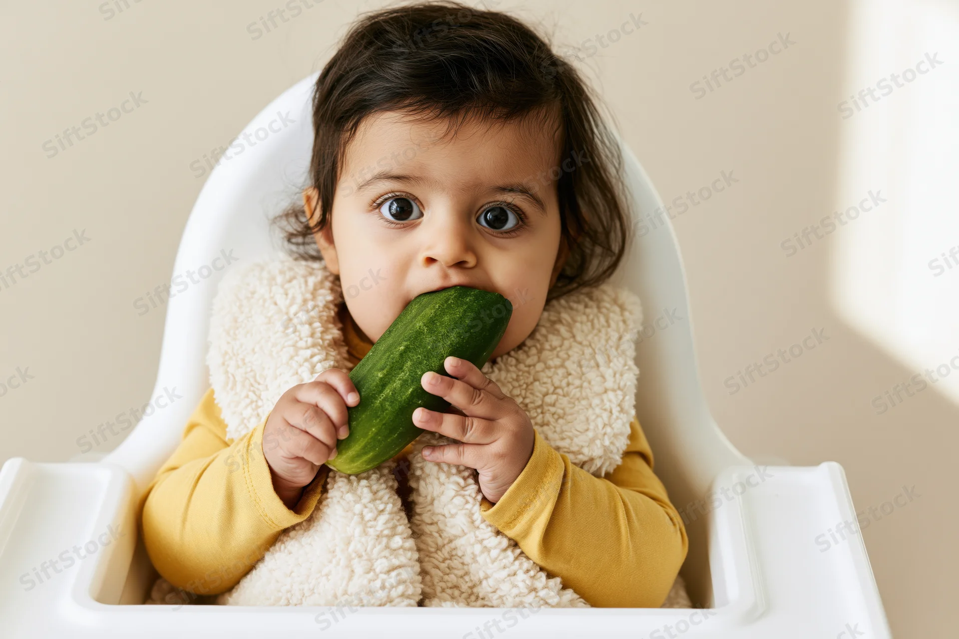 Baby girl sitting in highchair eating cucumber with hands gripping vegetable