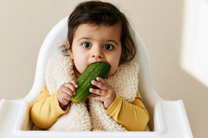 Baby girl sitting in highchair eating cucumber with hands gripping vegetable