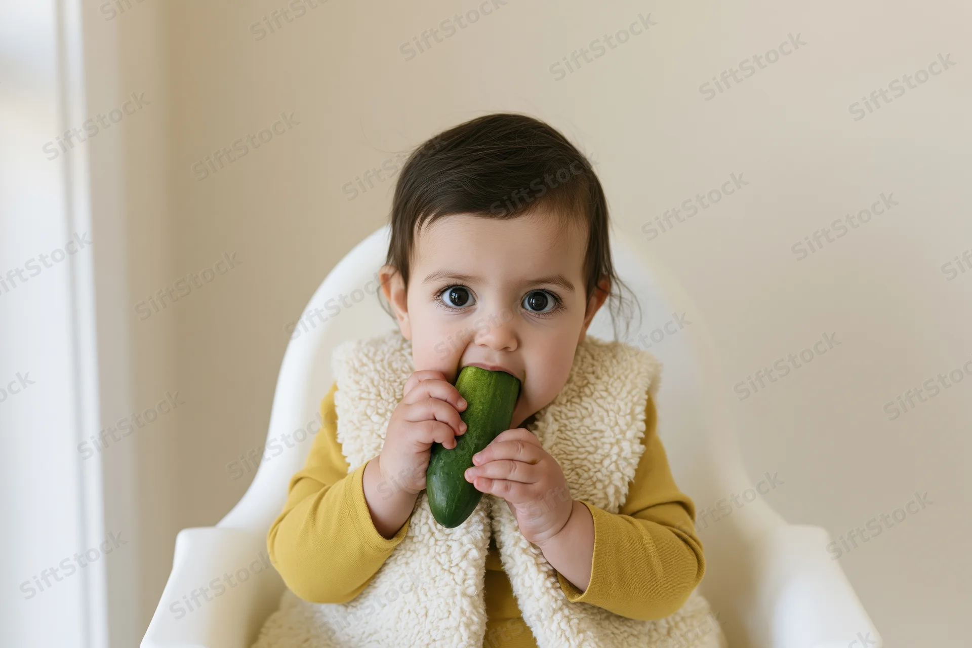 Baby girl eating a cucumber while sitting in a white highchair indoors