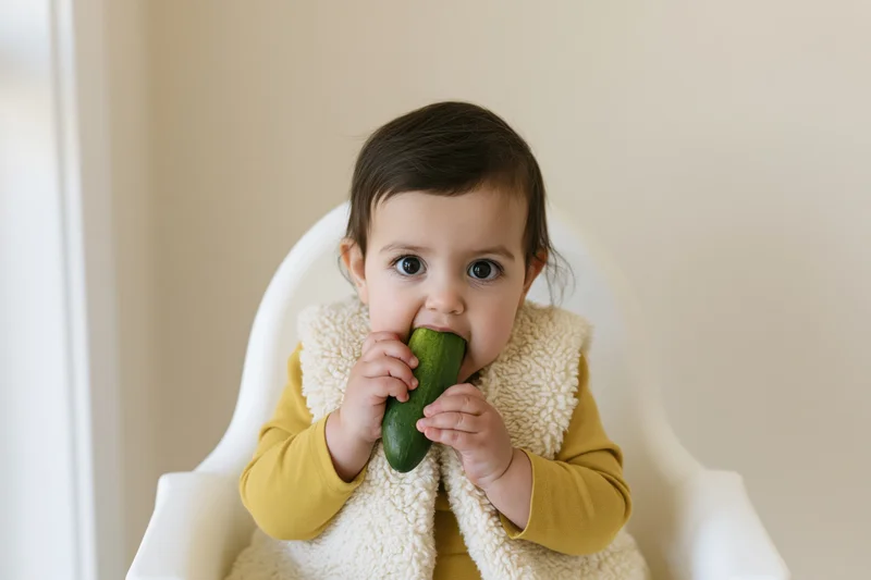Baby girl eating a cucumber while sitting in a white highchair indoors