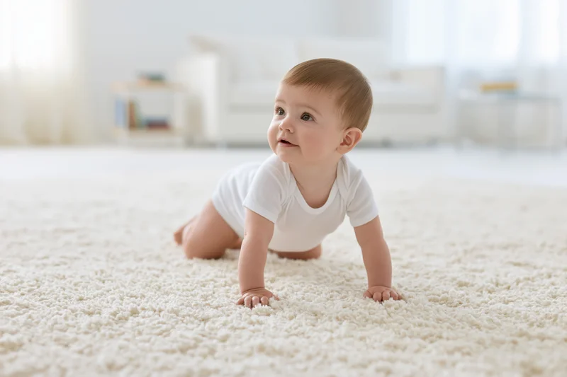 Baby crawling on thick cream carpet in living room