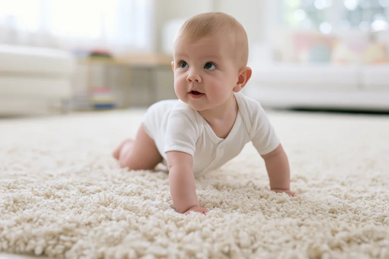 Baby crawling on thick cream carpet in living room