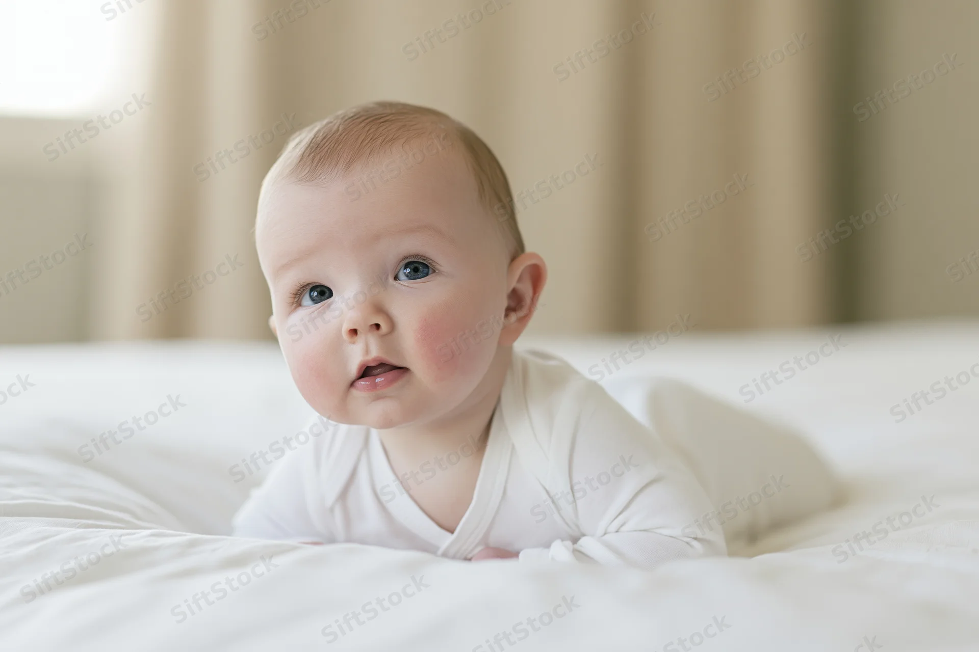 Baby lying on stomach on white bed looking up with blue eyes
