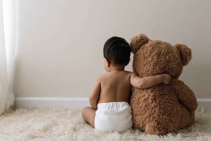 Baby sitting on cream rug hugging teddy bear from behind