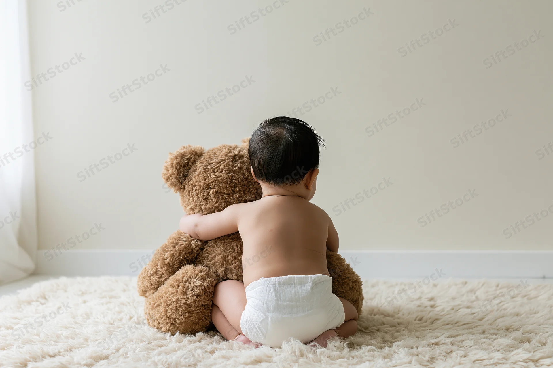 Baby sitting on soft cream rug hugging teddy bear from behind
